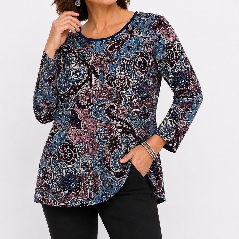 Chicos Womens Size 1 M Paisley Long Sleeve Scoop Neck Top Blue Purple Multi